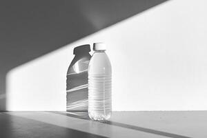 Plastic Water Bottle with Shadow on White Wall and Floor photo