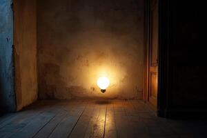 A Single Lightbulb Illuminates a Dark Room with Rough Walls and a Wooden Doorway photo