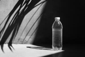 Plastic Water Bottle with Shadow of Plant Leaves on Gray Surface photo