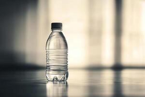 A Single Plastic Water Bottle on a Reflective Surface photo