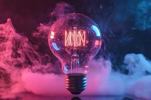Illuminated Lightbulb Surrounded by Pink and Blue Smoke photo