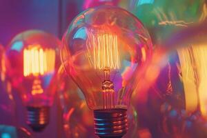 Closeup of a Lit Lightbulb with a Colorful Background photo