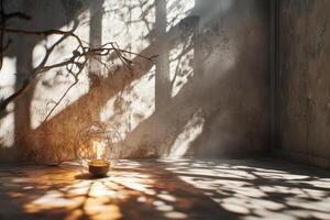 Glowing Lightbulb Casts Shadows on a Rough Wall photo