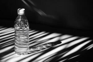 Water Bottle with Shadow Stripes on a White Surface photo
