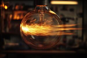 Lightbulb with a glowing orange and yellow light streak effect photo