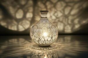 Ornate White Vase with Intricate Design and Shadow Patterns photo