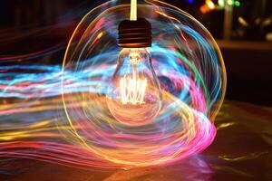 A Lightbulb Surrounded by Swirling, Multicolored Light Trails photo