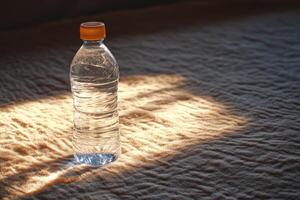 A Single Plastic Water Bottle with an Orange Lid on a Fabric Surface photo