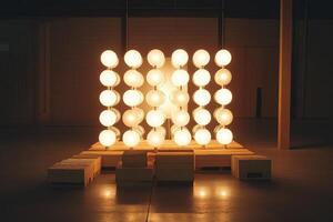 A Wall of Glowing Spherical Lights on a Wooden Pallet in a Dark Room photo