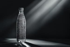 A single bottle of sparkling water in a dark environment with a spotlight photo