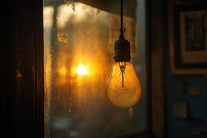 Sunlit Lightbulb Through a Dusty Window Pane photo