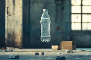 A Water Bottle Suspended in a Crumbling Abandoned Building photo