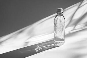 A Clear Plastic Bottle of Water on a White Surface with a Shadow photo