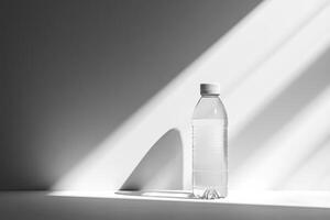 A Single Transparent Plastic Water Bottle Standing on a White Surface with Sunlight Streaming in from the Left. photo