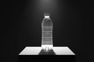 A Single Plastic Water Bottle on a White Surface Against a Black Background photo