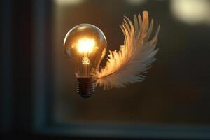 Illuminated Lightbulb with a Single White Feather photo