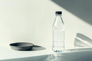 A Water Bottle and a Gray Bowl on a White Surface with Shadow Play photo