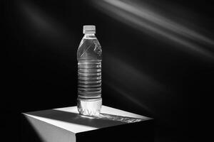 A Single Plastic Water Bottle on a White Platform Against a Black Background photo