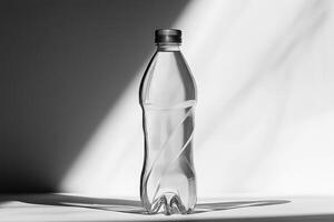 A Single Clear Plastic Water Bottle with a Silver Lid on a White Surface photo