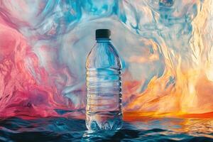 Plastic Water Bottle on a Wavy, Multicolored Surface photo