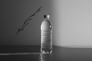 A Single Water Bottle with a Silhouette of a Branch in the Background photo