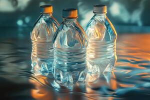 Three Clear Plastic Water Bottles on a Reflective Surface photo