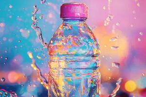 Water Bottle with Pink Cap and Rainbow-Like Water Splashes photo