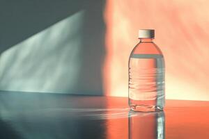 Plastic Water Bottle on Reflective Surface with Sunbeams photo