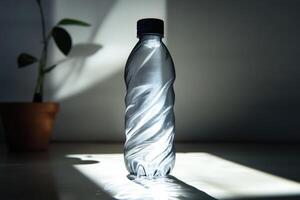 A Plastic Water Bottle with a Black Cap Casts a Shadow on a Tabletop photo