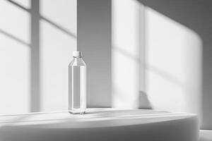 A Single Clear Water Bottle on a White Platform with Light Streaming Through a Window photo