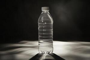 A Single Plastic Water Bottle on a White Surface with a Black Background photo
