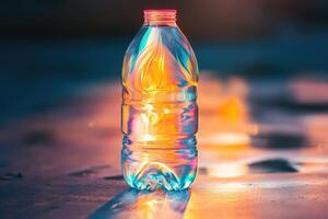 A Single Plastic Water Bottle Illuminated by a Golden Sunset photo