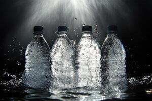 Four Water Bottles Submerged In Water With Splashing Drops photo