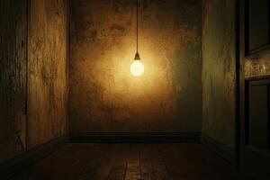 A Single Lightbulb Illuminates a Dark, Worn Room photo