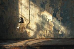 Vintage Lightbulb Hanging Over a Wooden Shelf and Wall photo
