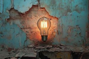 A glowing lightbulb protruding from a broken wall photo