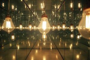 An array of lightbulbs hanging in a room with mirrored walls. photo