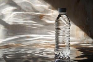 A Single Plastic Water Bottle Standing on a Reflective Surface photo