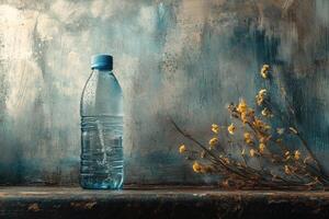 Water Bottle and Dried Flowers on a Weathered Surface photo