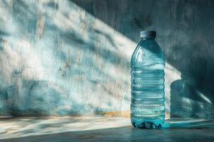 Plastic Water Bottle on a Textured Blue Wall with Sunlight photo