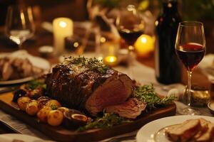 A roast beef dinner with wine and wine glasses photo