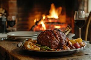 Roasted Prime Rib Dinner with Vegetables by Fireplace photo