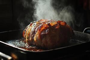 Bacon Wrapped Roast Steaming In A Pan photo