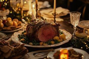 A large roast beef is on a plate with other food photo