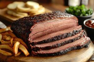 Sliced Smoked Brisket Served With Fries And Bread photo