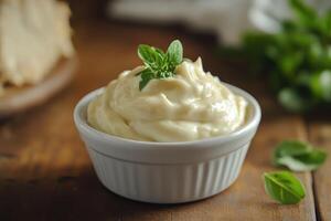 Creamy Garlic Aioli Sauce in White Bowl with Basil photo