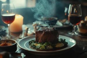 Steaming Gourmet Beef Steak Dinner With Sides photo