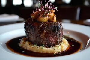 Gourmet Beef Filet with Mashed Potatoes and Garnish photo