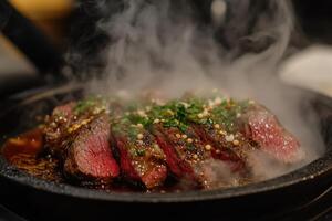 Sizzling Steak Slices Garnished With Herbs And Spices photo
