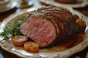 Sliced Roast Beef Dinner with Roasted Potatoes and Rosemary photo